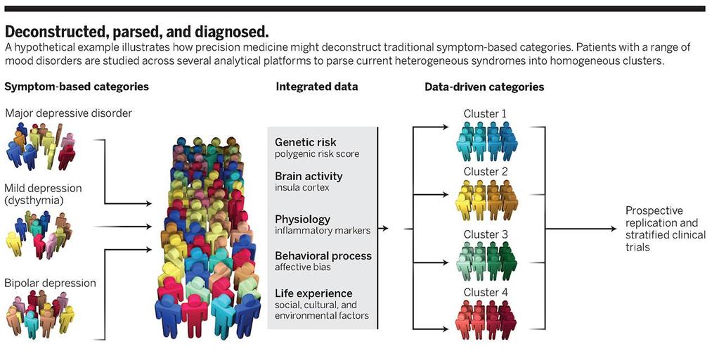 Precisie in de psychiatrie In essentie: voorbij het symptoom kijken integratie heel veel data meer relevante clustering patiënten beter voorspellen
