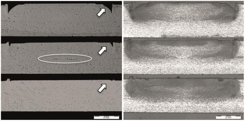 Ongeëtste dwarsdoorsnede Geëtste dwarsdoorsnede (a) (b) (c) Figuur 7: Dwarsdoorsnede van wrijvingspuntlasverbindingen in EN AW-7075 T6, geproduceerd met verschillende lastijden (a) 6 s (b) 8 s (c) 10