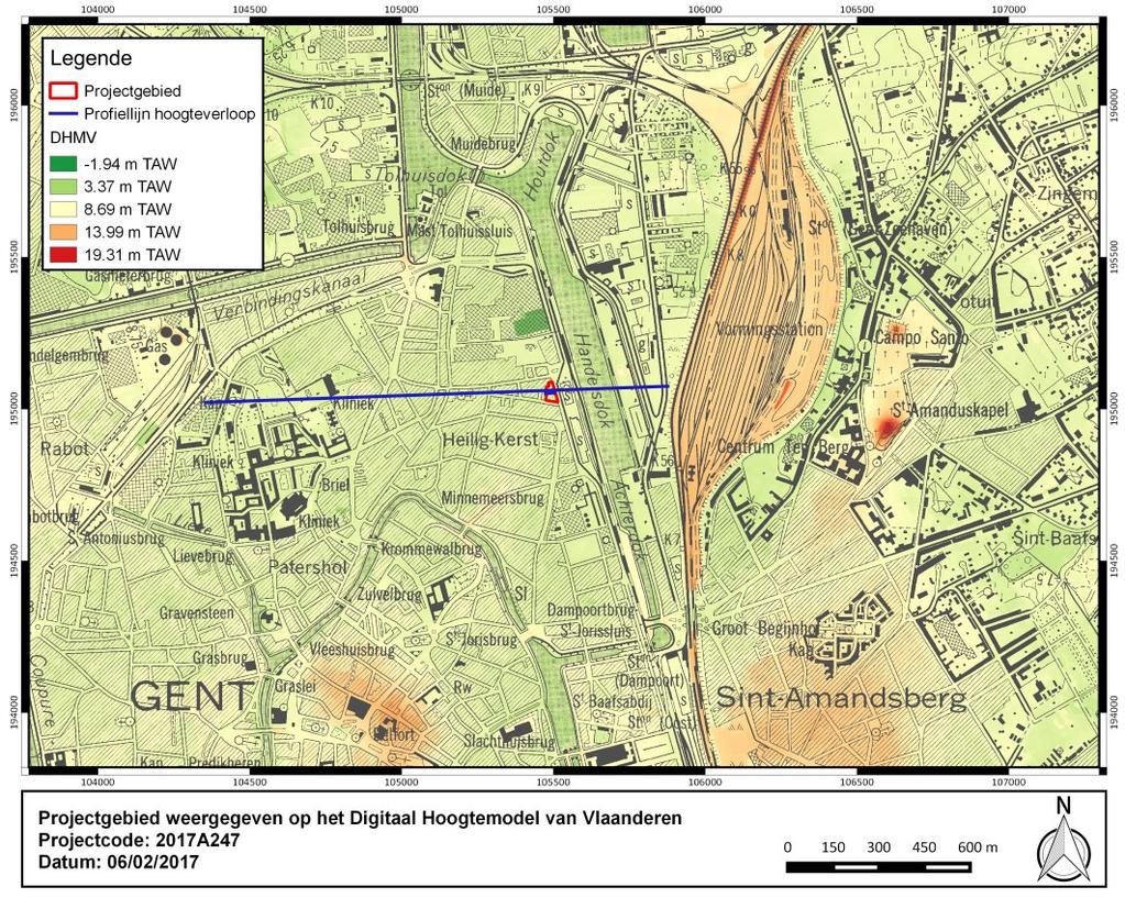 1.3.1.5 Hoogtemodel van Vlaanderen (DHMV) en hoogteverloop Gezien het rangeerstation van Gent-Dampoort artificieel is verhoogd geeft het DHMV een vertekend beeld weer.