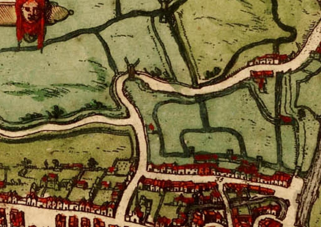 Figuur 14: Projectgebied bij benadering weergegeven op de kaart van Braun & Hogenberg 1572 (Bron: Universiteitsbibliotheek Gent) Op de kaart van Braun & Hogenberg is het projectgebied bij benadering