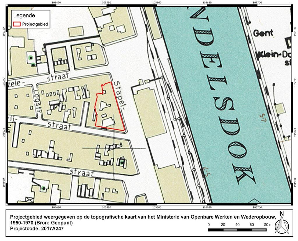 Figuur 19: Projectgebied weergegeven op de Topografische kaart van het Ministerie van Openbare Werken en Wederopbouw, 1950-1970 (Bron: Geopunt) De topografische kaart van het Ministerie van Openbare