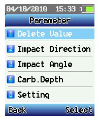 Indien u de inslagrichting, de inslaghoek en de carbonatatiediepte meet kunt u met behulp van de Set toets de parameters instellen/wijzigen of de laatst geregistreerde waarde wissen. [Carb.