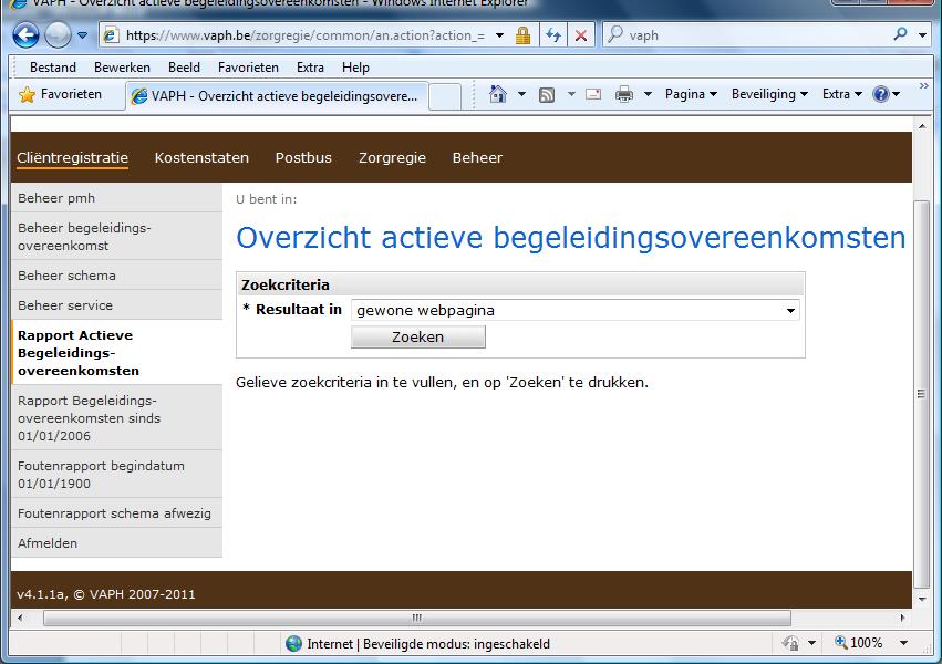 3.18 Rapport actieve begeleidingsovereenkomst Door op Rapport actieve begeleidingsovereenkomst (zie pijl) te klikken kan u een overzicht aanvragen van alle nog lopende (actieve)