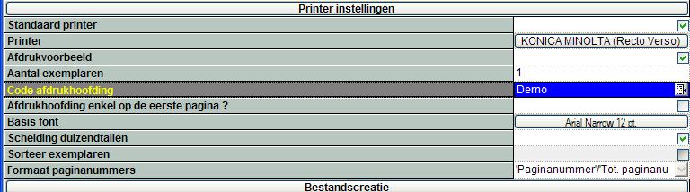 Instellingen bij het afdrukken : Bij het wijzigen van de opmaak van een afdruk, onder het balkje Printer instellingen, kan men aangeven welke hoofding men wil gebruiken.