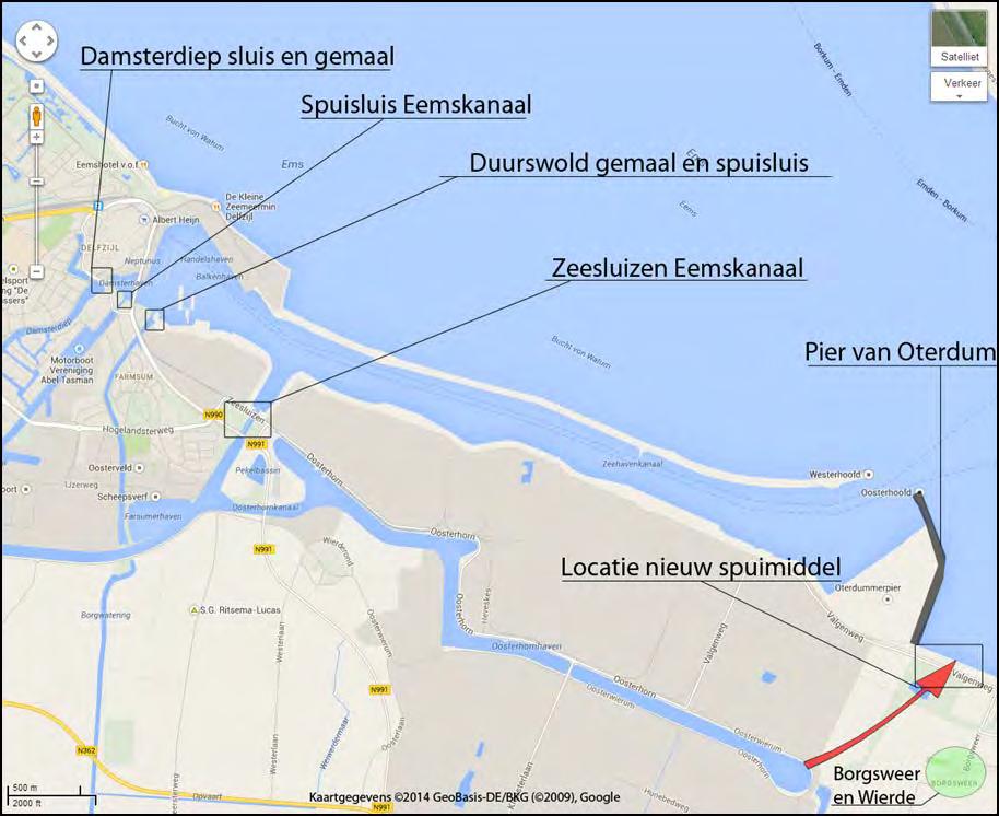 In de nabijheid van Delfzijl bevinden zich de spuilocaties (zie figuur 4). 4. De nieuwe zeesluis (Provincie) waarvan de kleine sluis ook dient als een van de spuilocaties van de Eemskanaal-Dollardboezem.
