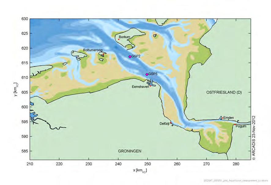 AquaVision heeft ten behoeve van de evaluatie van de MER verruiming vaarweg Eemshaven onder andere metingen uitgevoerd op 2 vaste locaties. Figuur 9 toont deze locaties.