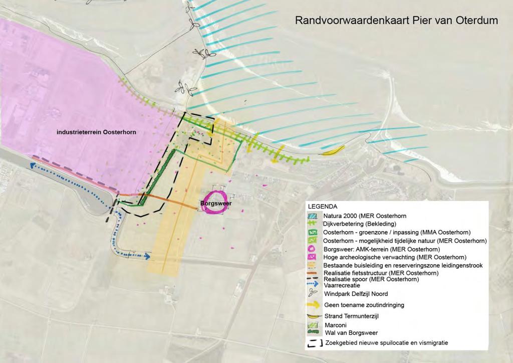 3 RANDVOORWAARDEN ZOEKLOCATIE De zoeklocatie voor de nieuwe spuivoorziening en zoet-zout overgang is beperkt en ligt ingeklemd tussen andere functies (zie figuur 14).