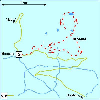 Wandelroute Moosalp - Boniger See - Moosalp Duur : 1h15 Afstand : 5 km Categorie : gemiddeld Gebruikesscore : onbekend Moosalp is een bosrijk plateau waar relatief eenvoudige wandelingen kunnen