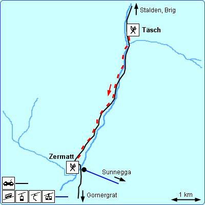 Wandelroute Täsch - Zermatt Duur : 1h30 Afstand : 5.5 km Categorie : gemiddeld Gebruikesscore : 9 Het laatste deel van uw reis naar het autovrije Zermatt legt u normaal gesproken per trein af.