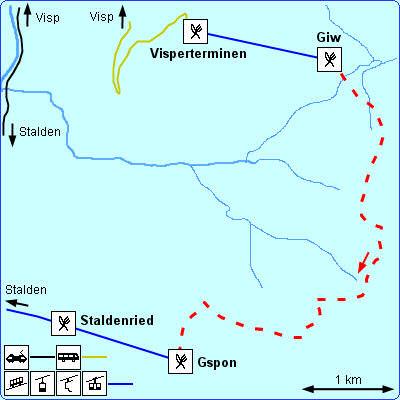 Wandelroute Giw - Gspon Duur : 3h00 Afstand : 6.5 km Categorie : gemiddeld Gebruikesscore : 10 Deze route loopt door hooggelegen naaldbossen en bergweiden.