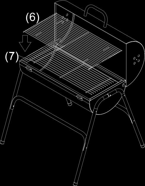 STAP 6: A: Steek Houtskool rooster (7) in Barbecuehouder. B: Steek Braadrooster (6) in Barbecuehouder.