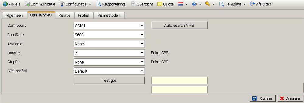 2.3.1 Tabblad GPS & VMS Dit tabblad dient ook in te worden gevuld wanneer u bij het algemene tabblad heeft aangegeven, dat u een GPS wilt gebruiken. In scherm 2.3.1 kunt u de instellingen zien welke u moet ingeven.