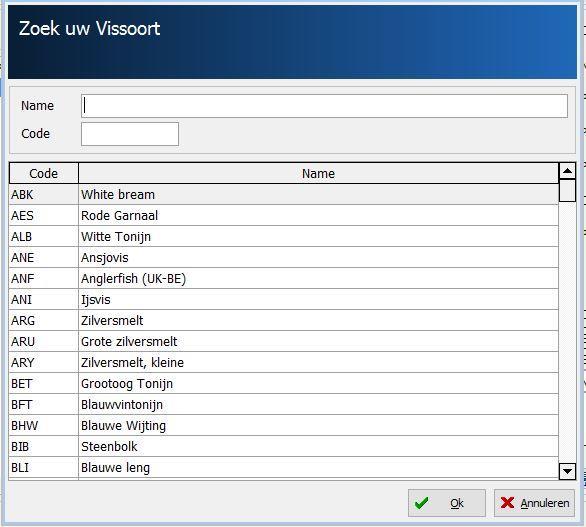 Kies onderin het scherm eerst een Vissoort (dit kan door in het keuzevak te klikken en vervolgens de eerste letters te typen van de vissoort die men zoekt), maar het kan ook sneller door op het
