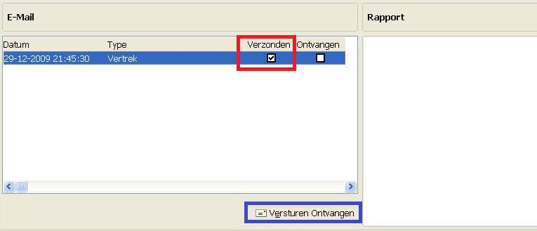 Dit vertrekbericht wordt verstuurd, door Versturen Ontvangen te klikken. Zie scherm 4.1.1. (scherm 4.1.1) Als op Versturen Ontvangen is geklikt, verschijnt een vinkje in het vak verzonden.