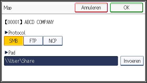 6. Scannen 20. Druk op [Afsluiten]. 21. Druk op [Map]. 22. Controleer of [SMB] werd geselecteerd. 23. Druk onder Pad op [Invoeren]. 24. Druk op [Wijzigen] of [Blad.