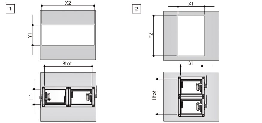 Opening voor en montage van twee brandkleppen met horizontale as boven elkaar in een batterij X1 X2 Y1 Y2 Vaste verticale wand EI 120 S B1 + 80 mm Btot + 80 mm H1 + 80 mm Htot + 80 mm Lichte