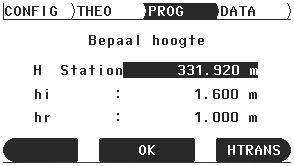 1 Druk op het tabblad PROG op SETUP. Selecteer Hoogte... 2 H station geeft de voorgaande stationhoogte weer. Voer de instrumenthoogte in (hi) en de reflectorhoogte (hr).