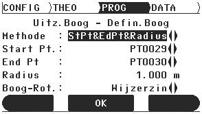 1 Druk op het tabblad PROG op APPL. Selecteer Uitzet./Lijn/Boog/Spiraal... en Basic... 2 Selecteer Boog.