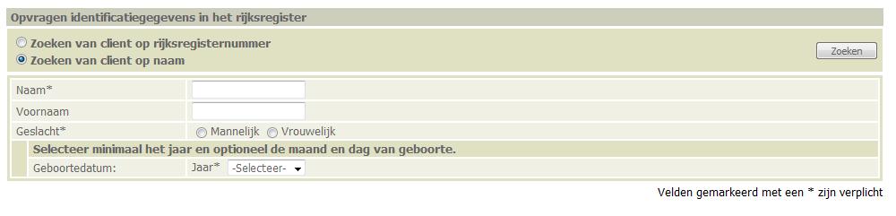 Het resultaat van de opzoeking verschijnt onderaan. Klik op het rijksregisternummer (onderlijnd). Ga verder met Taak 3.3 Enkel jongeren tot 25 jaar kunnen worden opgezocht via het rijksregister.