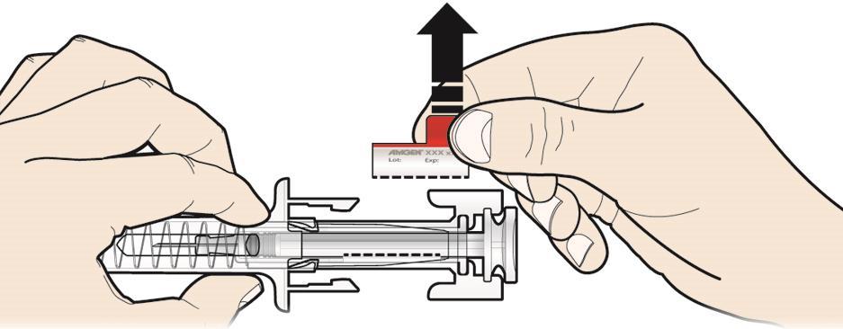 Alleen voor artsen of andere beroepsbeoefenaren in de gezondheidszorg Haal het etiket van de voorgevulde spuit en bewaar dit. Draai de zuiger om het etiket gemakkelijk te kunnen verwijderen.