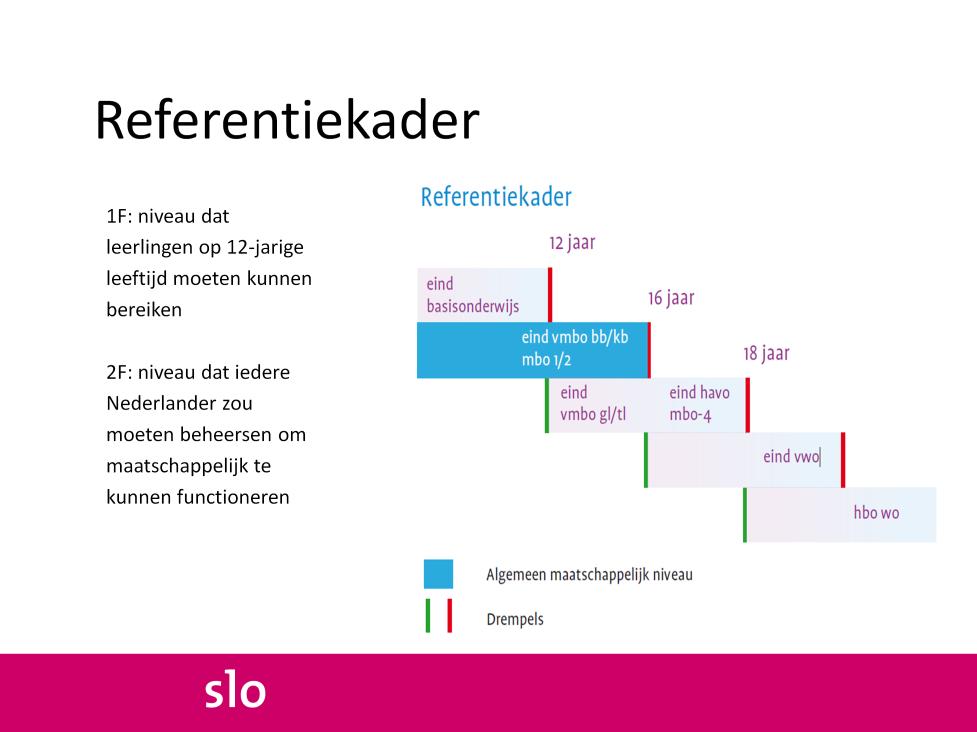 In het referentiekader taal en rekenen staan doelen geformuleerd, die leerlingen zouden moeten beheersen op 12, 16- en 18-jarige leeftijd.