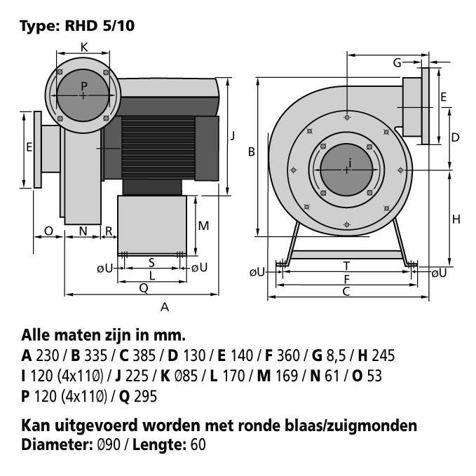 RHD 5/10 / R 5 / S 130 / T 310 / U 4x 9 Deze hoge druk ventilator is uitgevoerd met een motor met opgebouwde frequentieregelaar 100 Hz.