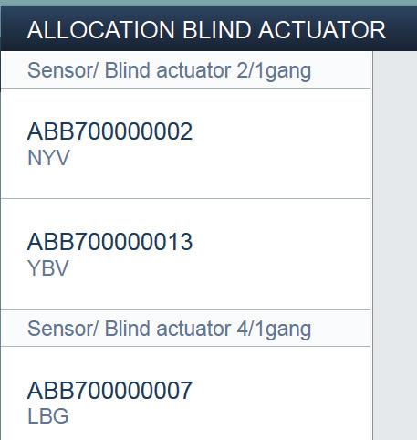 Busch-free@home Inbedrijfname Identificatie aan de hand van serienummer L Sensor / Blind actuator 2/1 gang NYV ABB700000002 Blind act. flushm. R A Afb.