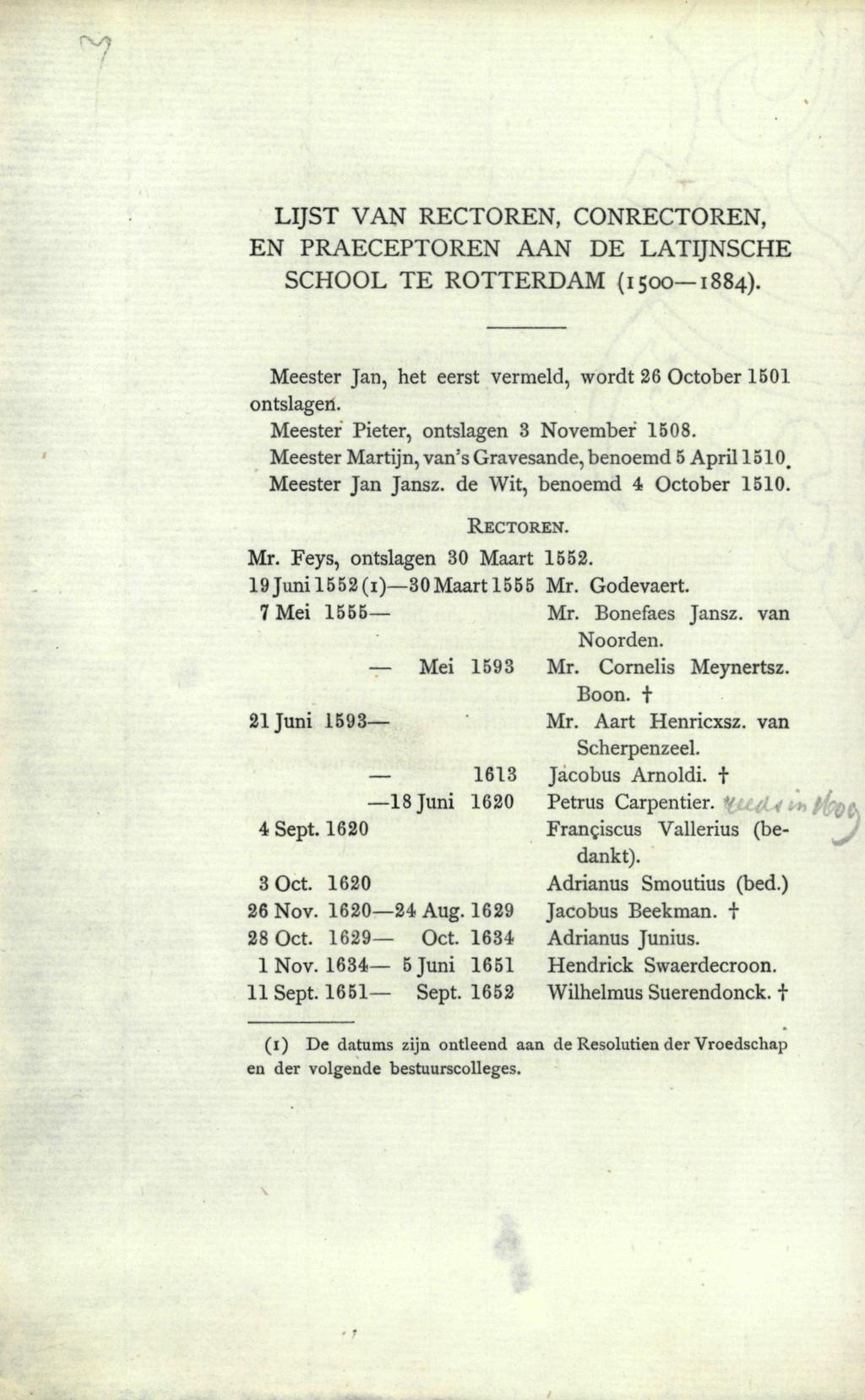 LIJST VAN RECTOREN, CONRECTOREN, EN PRAECEPTOREN AAN DE LATIJNSCHE SCHOOL TE ROTTERDAM (1500 1884). Meester Jan, het eerst vermeld, wordt 26 October 1501 ontslagen.