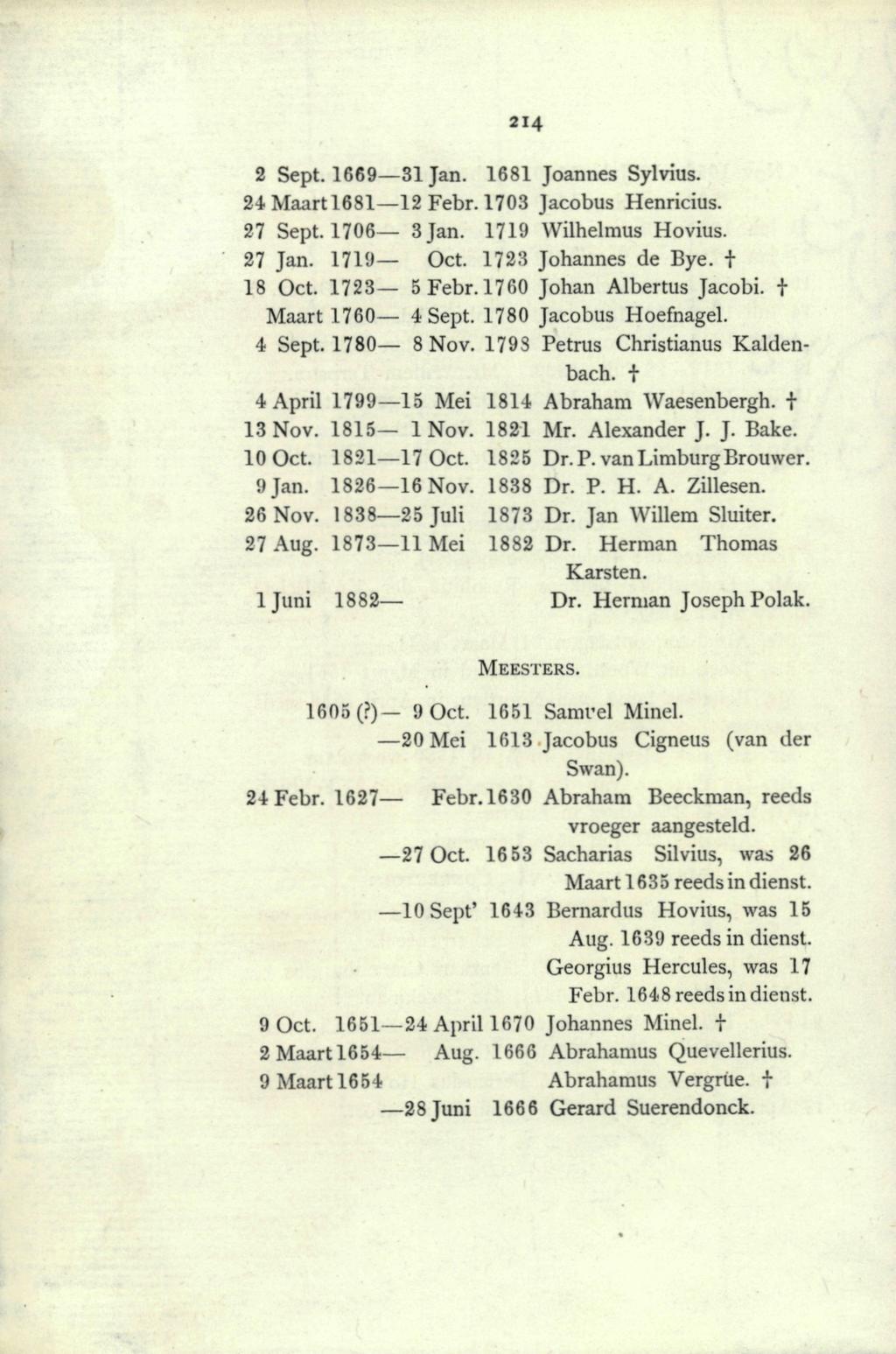 214 2 Sept. 1669 31 Jan. 1681 Joannes Sylvius. 24Maartl681 12 Febr. 1703 Jacobus Henricius. 27 Sept. 1706 3 Jan. 1719 Wilhelmus Hovius. 27 Jan. 1719 1723 Johannes de Bye. + 18 1723 5 Febr.