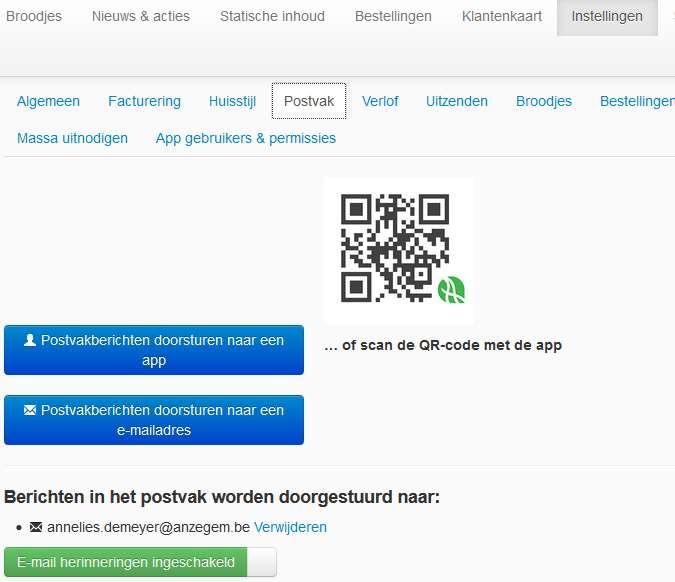 Tabblad Postvak Berichten van app-gebruikers krijg je in je Postvak op de website te zien, maar kan je ook doorsturen naar jouw e-mailadres.