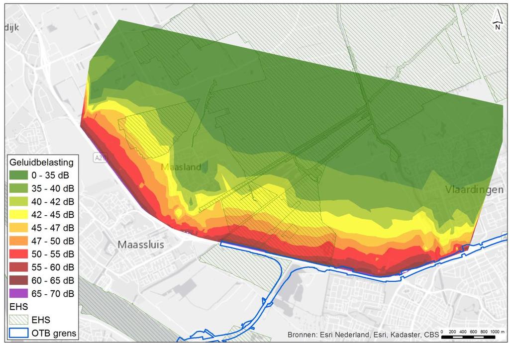 Afbeelding 8.7 Geluidcontouren plansituatie (met Blankenburgverbinding) Afbeeldingen 8.6 en 8.7 tonen dat de geluidbelasting in de EHS en belangrijk weidevogelgebied ten noorden van de A20 afneemt.