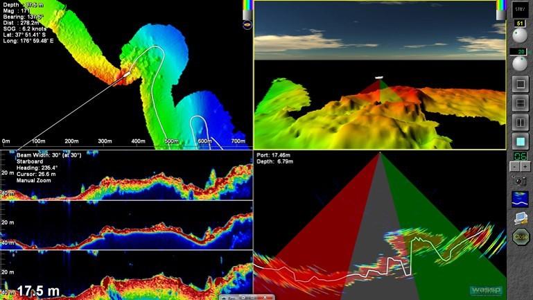 Een schermafbeelding die gemaakt is met een WASSP echometer. WASSP multibeam Trawlsonar De trawlsonar is de moderne versie van een netsonde.