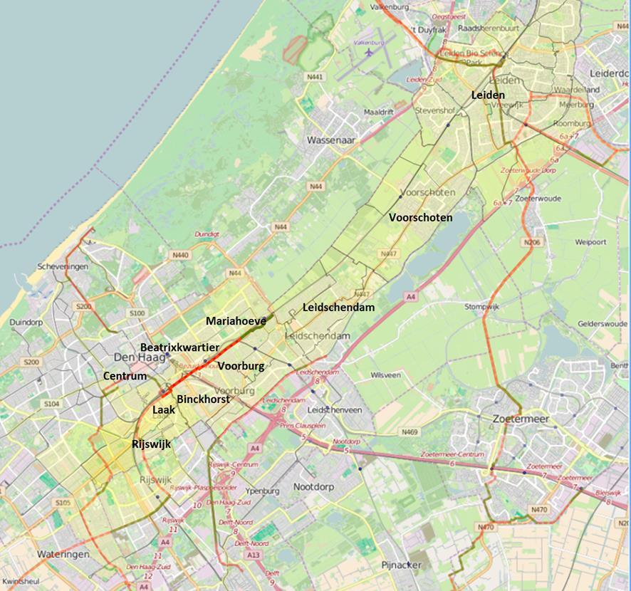 Figuur 5 Invloedsgebied verlengde Velostrada De maatregelen maken de route korter ten opzichte van de huidige situatie, wanneer de brug over de Trekvliet een volwaardige fietsverbinding wordt.