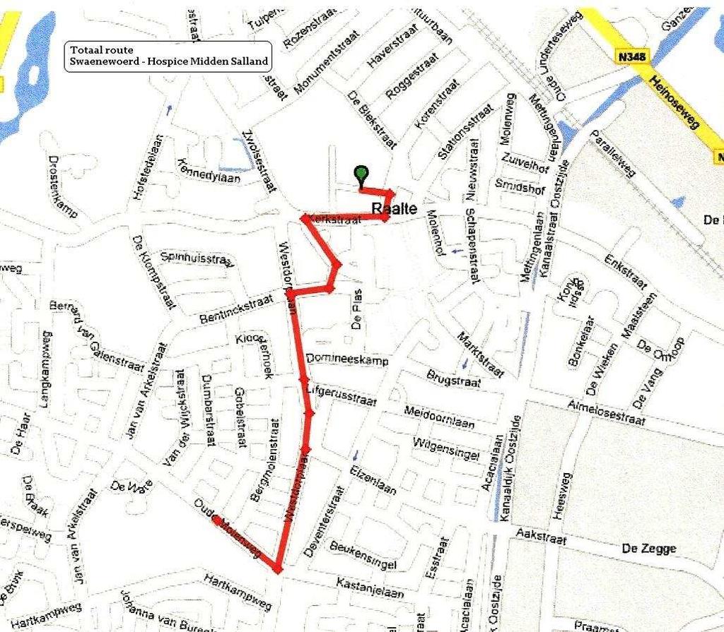 Swaenewoerd (Zwanenwoerd 1 Raalte) 1.4 km Hospice Midden Salland (Oude Molenweg 32 Raalte) 1. Vertrek Sweanewoerd 2. 1 ste weg Rechts: Kruisstraat 3. Rechts: Kerkstraat (om de kerk heen) 4.