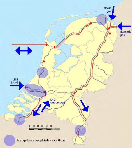 Figuur 2.2.7 - Belangrijkste import en export punten van gas* *Rode lijnen komen in figuur 2.10 aan de orde 2.4.2 Wat betekenen deze veranderingen in Europa voor Nederland?