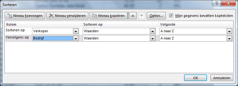 Bereken nu voor iedere Verkoper het totale orderbedrag. Hiervoor doet u de volgende stappen: Ga naar de menuoptie Gegevens / Data Overzicht / Outline Subtotaal / Subtotal.