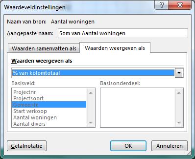 Om deze paragraaf te kunnen uitvoeren, moet u eerst de draaitabel aanpassen zodat het als volgt eruit komt te zien: Zoals u ziet, is het totaal aantal woningen twee keer in de draaitabel opgenomen.