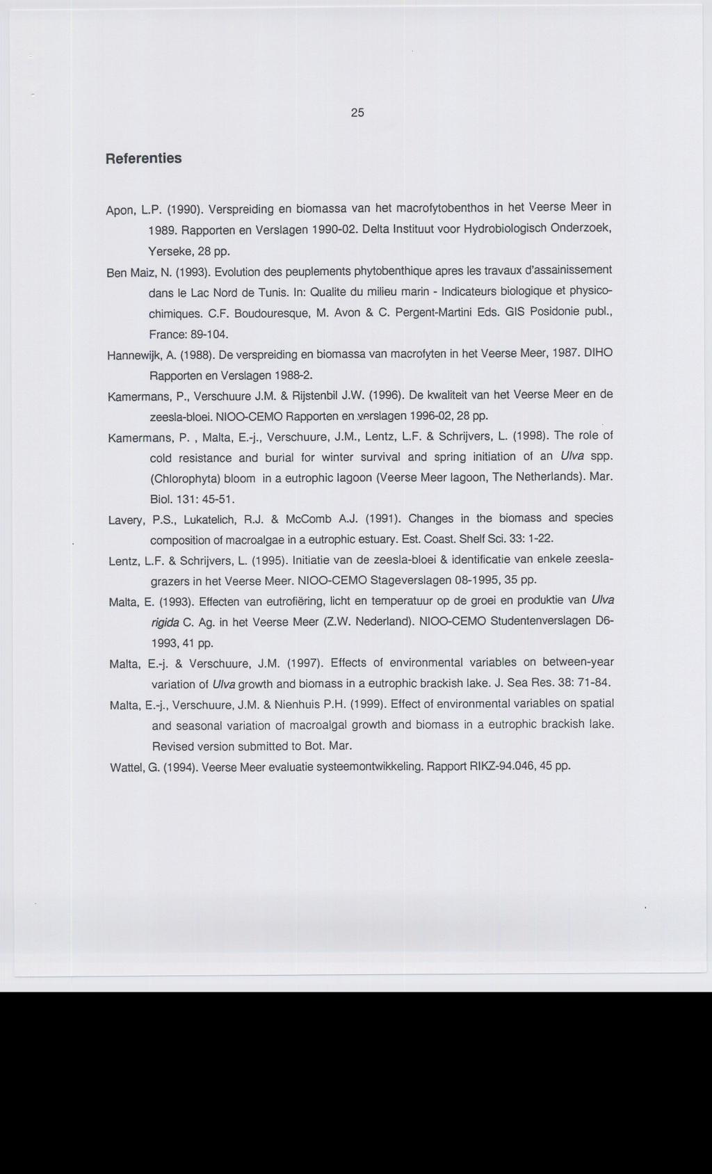 25 Referenties Apon, LP. (199). Verspreiding en biomassa van het macrofytobenthos in het Veerse Meer in 1989. Rapporten en Verslagen 199-2.
