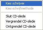 Ook kan U de cd-slede sluiten vanuit dit menu, en het is zelfs mogelijk om de cd-slede te vergrendelen en ontgrendelen, dit om accidenteel openen tijdens het schrijven te voorkomen.