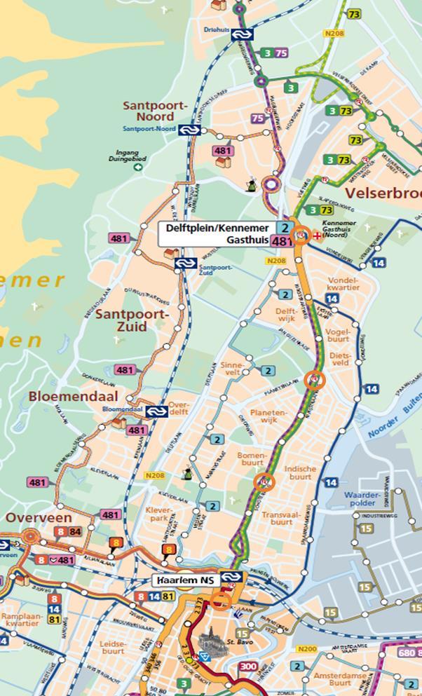 Bediening Rijksstraatweg In de huidige situatie rijden er drie buslijnen over het gehele tracé door Haarlem-Noord tussen het station en het Delftplein