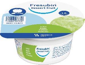 Fresubin Dessert Fruit 1,6 kcal/g Volledige of aanvullende energierijke (1,6 kcal/g) en eiwitrijke fruitige voeding. Cup van 125 g. Appel, appel-aardbei, appel-perzik, appel-pruim.