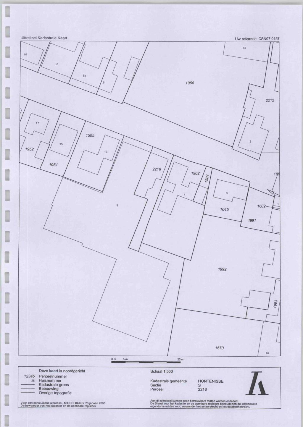 Uttreksel Kadastrale Kaart Uw referente: CSN07-01S7 Deze kaart s noordgercht 12345 Perceelnummer 25 Husnummer Kadastrale grens Bebouwng Overge topografe Voor een eensludend uttreksel.