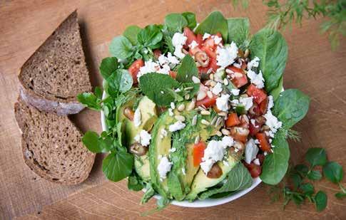 vinaigrette Gerookte zalm & avocado met jonge bladspinazie, komkommer, kappertjes en een dille citroen vinaigrette Alle salades worden geserveerd met bruin vloerbrood