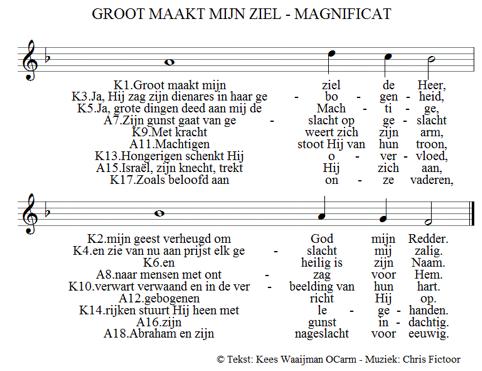 Lofzang van Maria - Magnificat (Chris Fictoor) Koor K1-K2, K3-K4, K5-K6; allen A7-A8; koor K9-K10; allen A11-A12; koor K13-K14; allen A15-A16; koor K17; allen A18 2e LEZING UIT HET NIEUWE TESTAMENT: