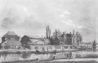 Afb. 2. Cromwijck, huis en steenfabriek liggen aan het jaagpad (let op de rolpalen). Op deze tekening van Lutgers (1857) is geen spoor van een beschoeiing met dakpannen te bekennen. zijn.