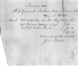 Afb. 6. Kwitantie waaruit blijkt dat het gemeentebestuur van Loenen op 27 november 1848 ƒ3,15 betaalde voor een vracht wrakke pannen voor het Slag bij Zuilen.