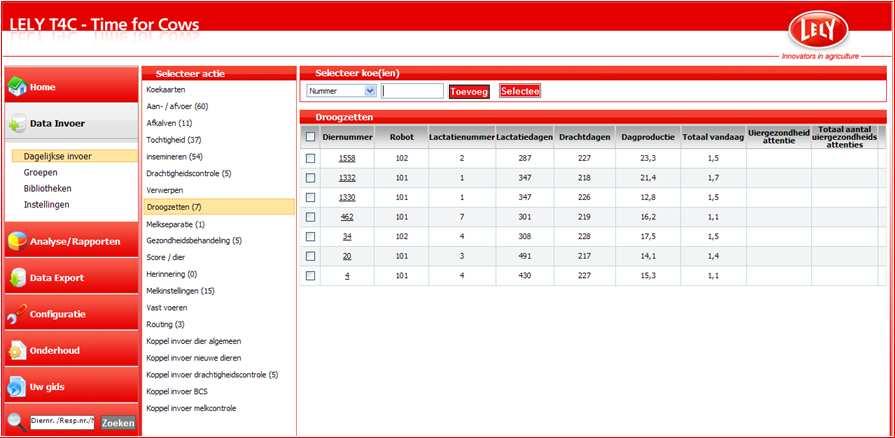 lijst toegevoegd, klik vervolgens op diernummer of Uitvoeren. Figuur 7. Selecteer koe die droog gezet moet worden Een nieuw venster wordt geopend bij het selecteren van een koe. 1.