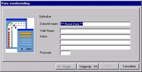 Hoofstuk 4 Praktiese verduideliking Skep van datastel & rekeninge 22 Skep van n stel Skep n nuwe datastel vir n entiteit Figuur 2 Data voorbereiding (Gebruiker Inligting) 1. Kliek op DATASTEL 2.