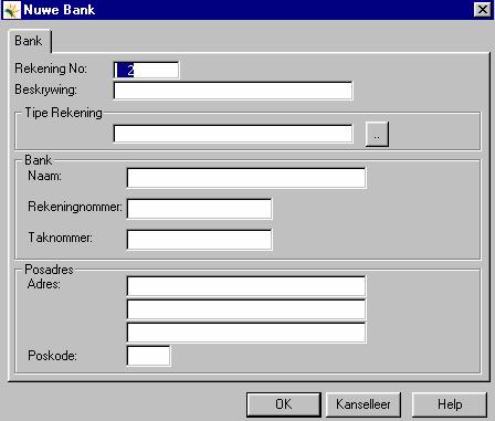 Hoofstuk 4 Praktiese verduideliking Skep van datastel & rekeninge 30 5. Selekteer die rekeningtipe 6. Kliek OK Skep van Bank Figuur 14 Nuwe Bank 1. Kliek REKENINGE 2. Kliek BANK 3. Kliek NUWE 4.