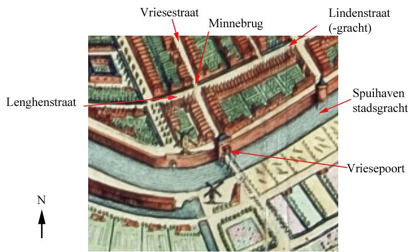 Dordrecht Ondergronds 50, Vriesestraat Afb. 4. De locatie van het plangebied op een uitsnede van een kaart van Blaeu uit 1652.